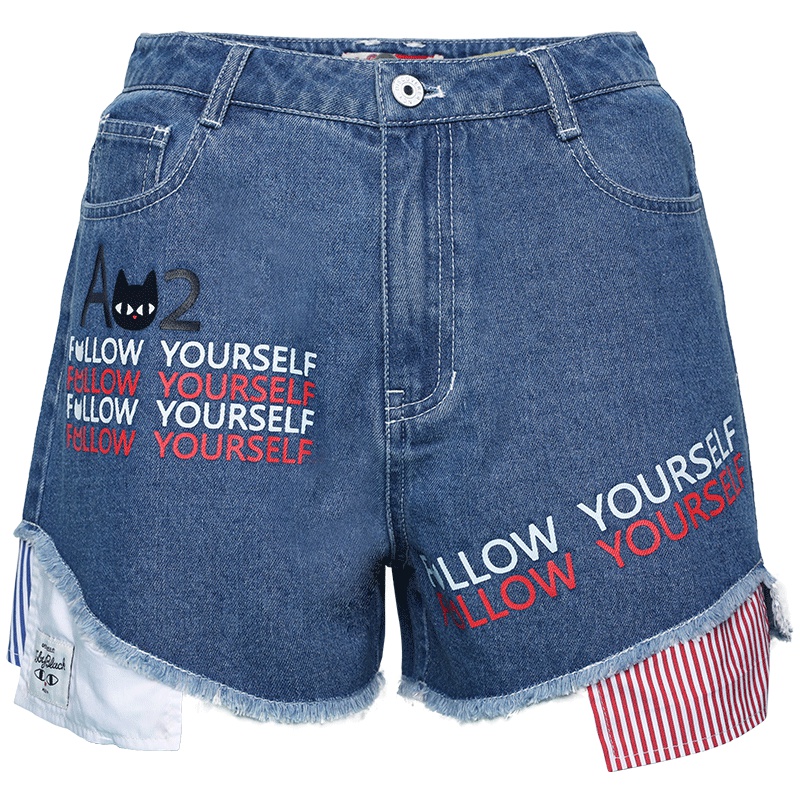 a02新款2020潮流不规则剪裁字母印花毛边宽松牛仔短裤女DTU2D0841PN
