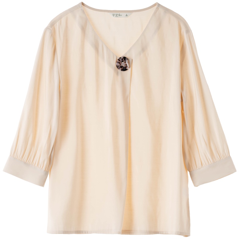 芊艺宽松V领衬衫女2019秋装新款韩版百搭洋气小衫10373