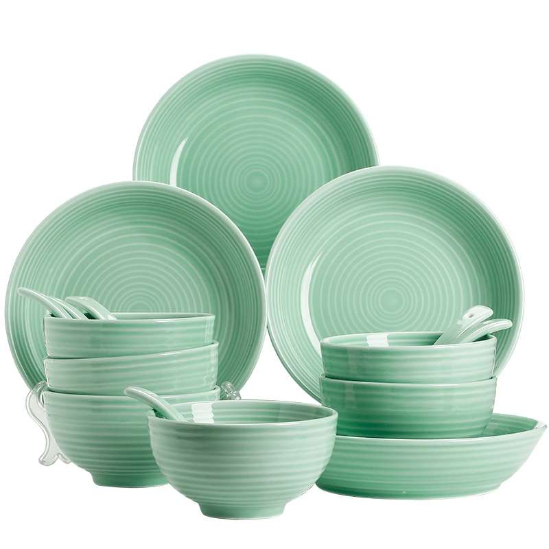 苏氏陶瓷 SUSHI CERAMICS 餐具套装龙泉釉青瓷碗盘碟勺年轮16头陶瓷套组