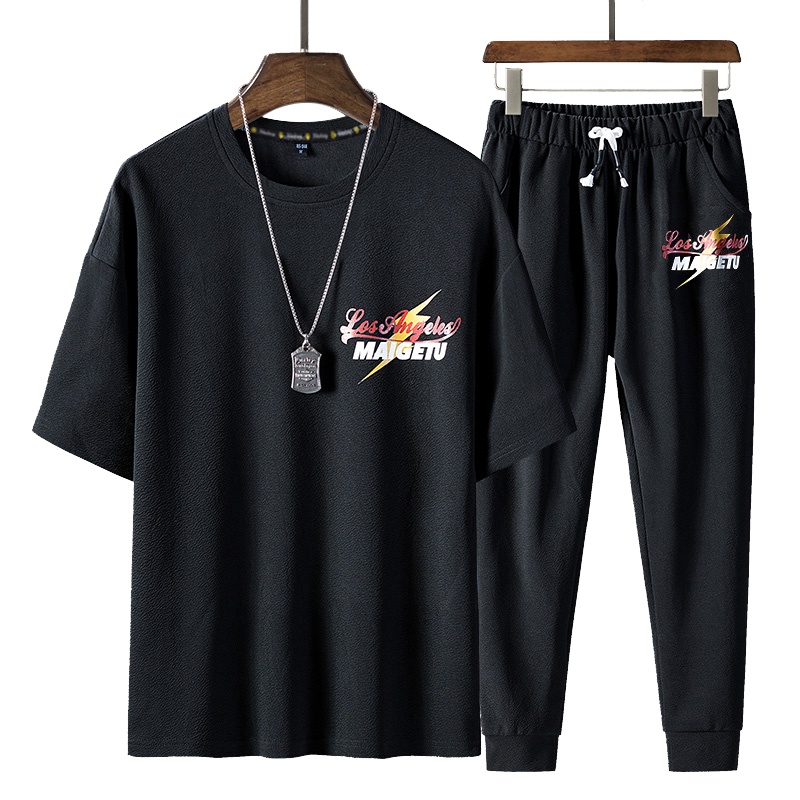 俞兆林(YUZHAOLIN)夏季短袖T恤夏装男士五分袖运动嘻哈潮流套装男九分裤潮