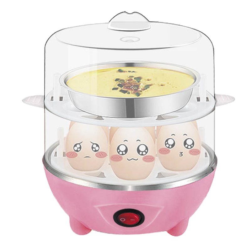 小型煮蛋器黄金蛋双层家用蒸蛋器自动断电煮蛋机三层大容量蒸鸡蛋羹 604双层平盖蓝+碗