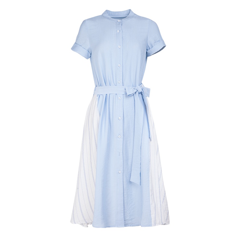 晚白 新品简约小立领短袖单排扣收腰A字衬衫连衣裙女