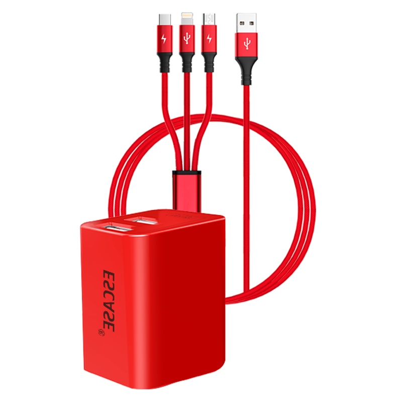 ESCASE 苹果双口折叠版手机2.4A充电器+数据线适用安卓华为快充充电头提速充电 套装线充CUC-05红