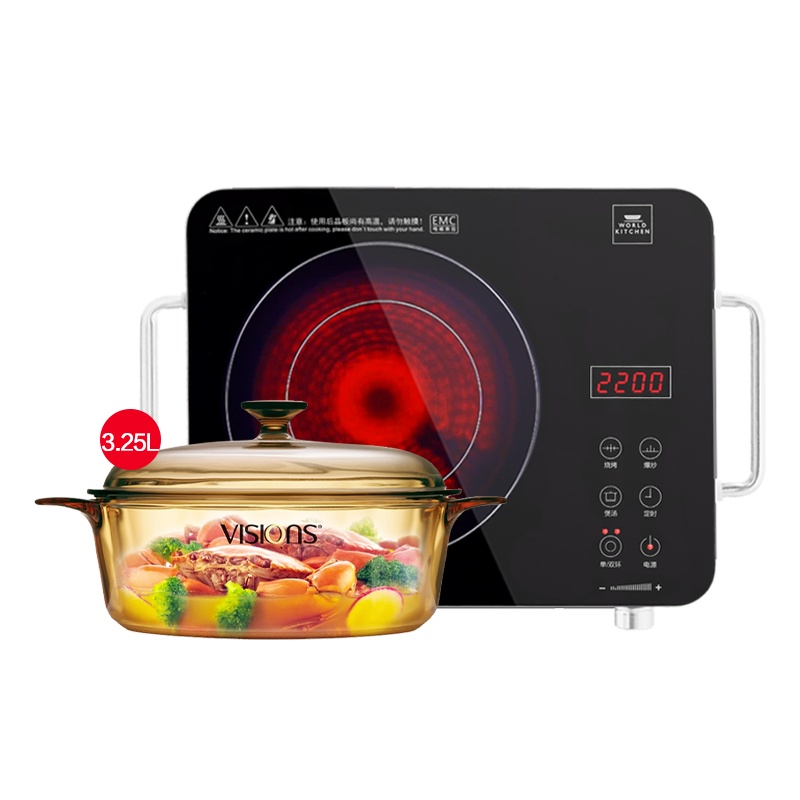 美国康宁家用晶彩透明汤锅 电陶炉+3.25L 炖锅汤锅煲汤明火直烧玻璃锅 耐高温大功率 家用 爆炒 2200w 大火力