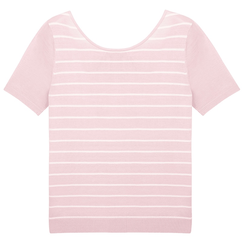 鄂尔多斯ERDOS 春夏100%桑蚕丝透气舒适条纹背部系带女士短袖T恤