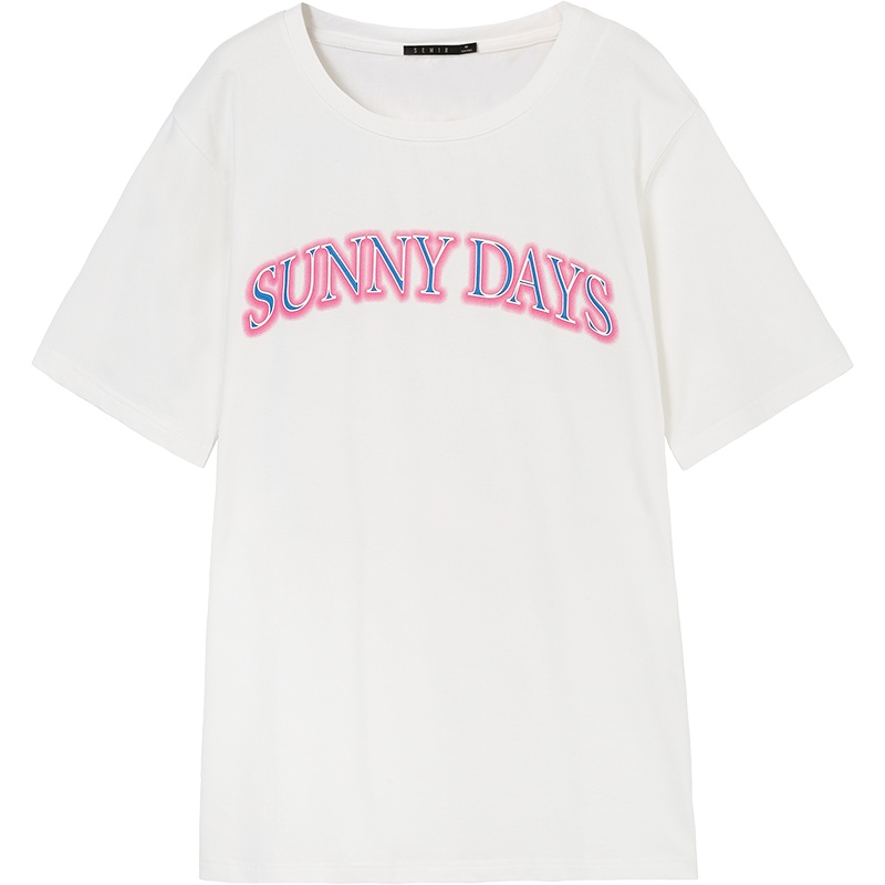 森马短袖T恤女2019夏季新款宽松打底衫落肩袖印花针织衫圆领套头