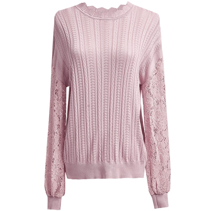 欧昵雪波浪圆领毛衣女宽松显瘦镂空蕾丝袖薄款针织衫
