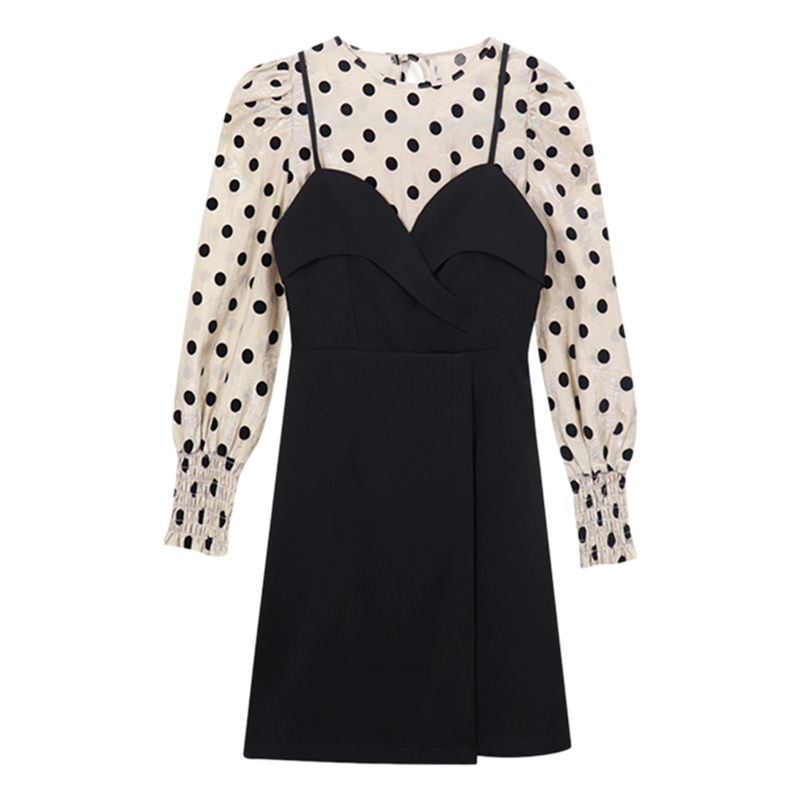 拉夏贝尔Laetia2021春装新款波点两件套吊带连衣裙女长袖修身显瘦
