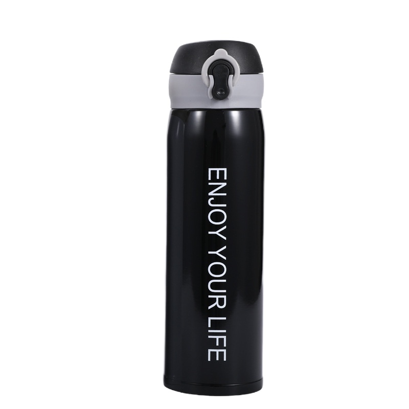 男女孩儿童纯色字母冬 男女小学生水杯便携式随行杯不锈钢简约户外运动直身杯弹跳盖不锈钢保温杯-黑色字母保温杯子350ml