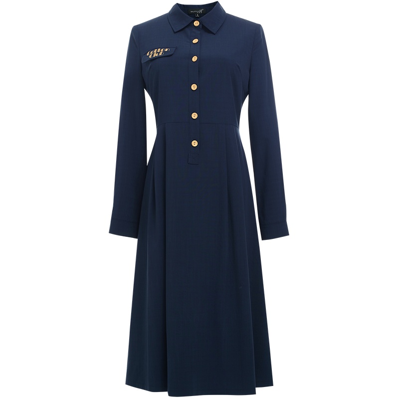 欧昵雪Polo领字母绣花收腰显瘦衬衫连衣裙女长袖中裙