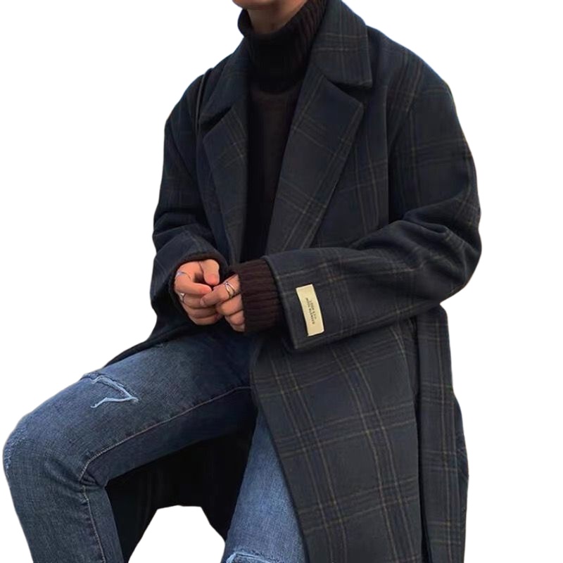 茜靓CHYLLIRN格纹毛呢大衣男冬季加厚ins风衣中长款外套男韩版潮流帅气