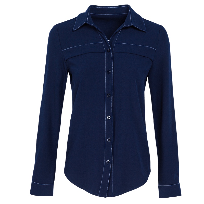 晚白女上装秋季新款简约通勤直筒翻领单排扣长袖上衣衬衫