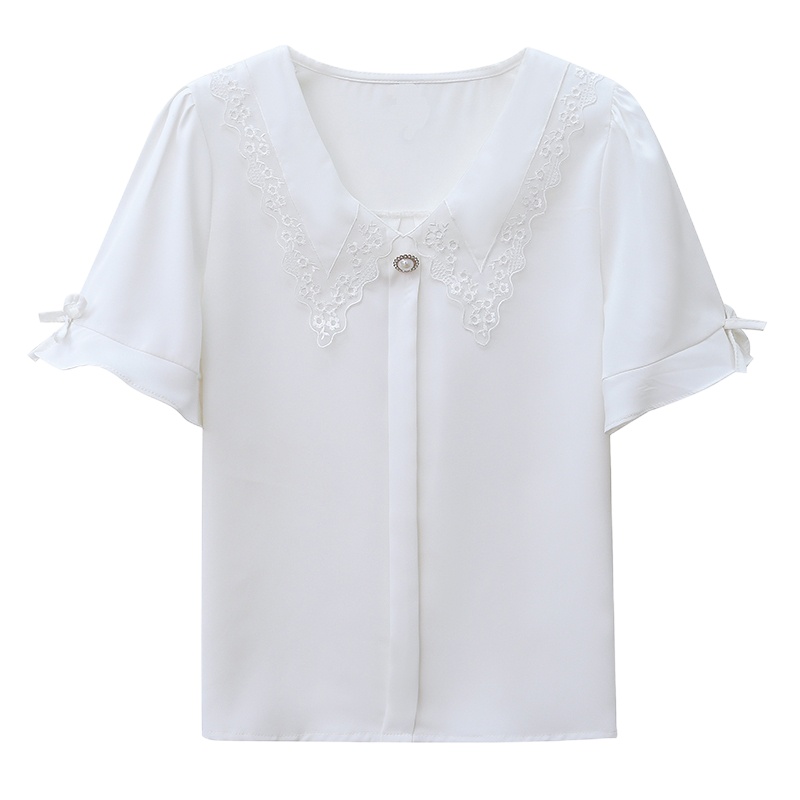 晗亦然2021夏季新款女装韩版设计感娃娃领雪纺衫减龄衬衫气质短袖上衣潮9839