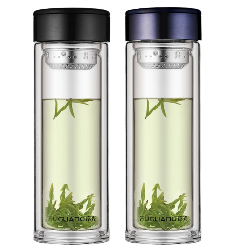 富光玻璃杯双层茶杯玻璃便携大容量玻璃水杯泡茶杯随手杯 蓝色 330ML