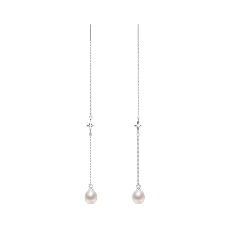 京润珍珠 星轨 7-8mm银S925淡水珍珠耳钉百搭珍珠耳线