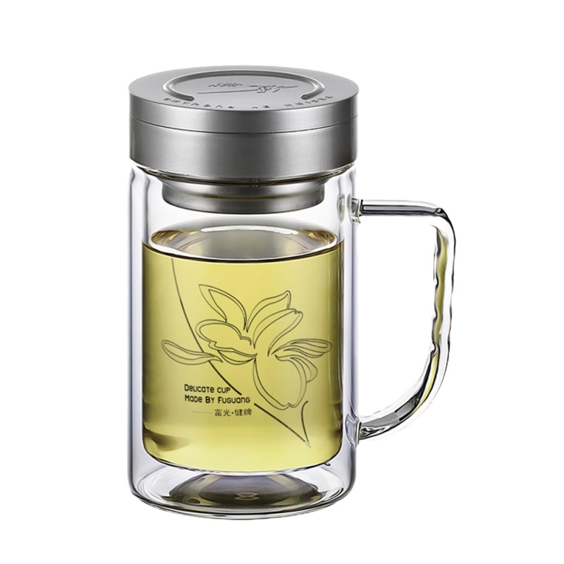 富光(FGA)双层玻璃杯带把手柄办公家用喝水杯男大容量带盖过滤泡茶杯子 520ml茶禅一味