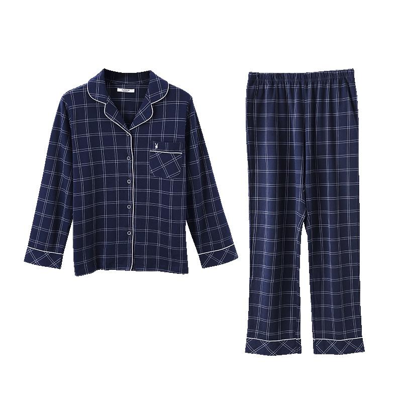 花花公子情侣睡衣男宽松长袖纯棉方格子印花家居服套装男 D8768