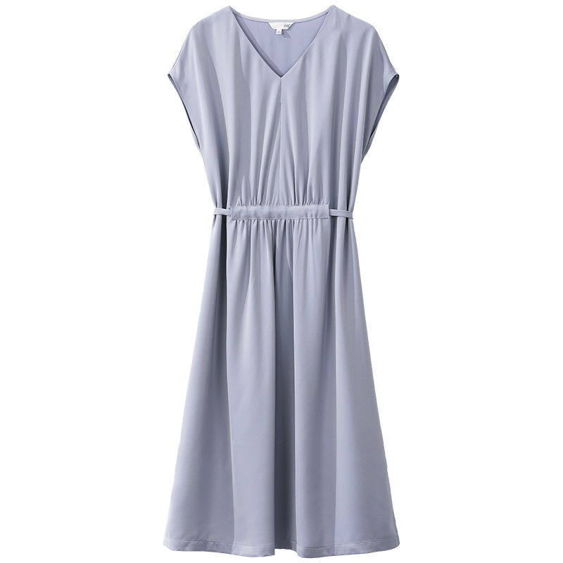 【夏季】OSA欧莎蓝色V领雪纺连衣裙女夏收腰显瘦2021年新款中长款正式场合裙子