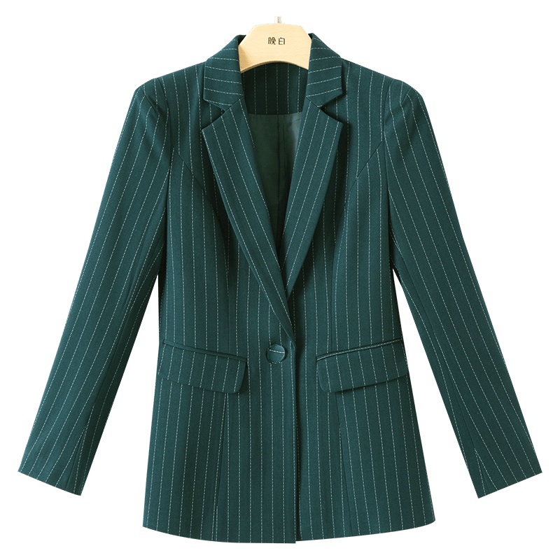 晚白2021春季新品简约百搭通勤显瘦竖条纹修身外搭小西装外套女