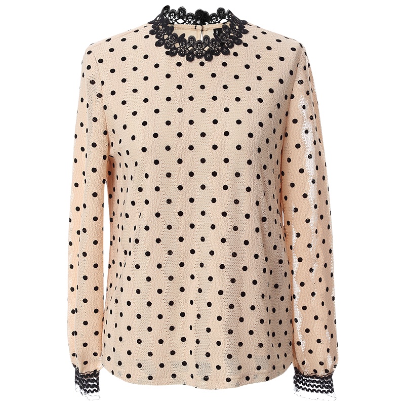 OUNIXUE欧昵雪 | [花边拼接圆领蕾丝衫]秋冬季植绒波点小衫设计感直筒衬衫女