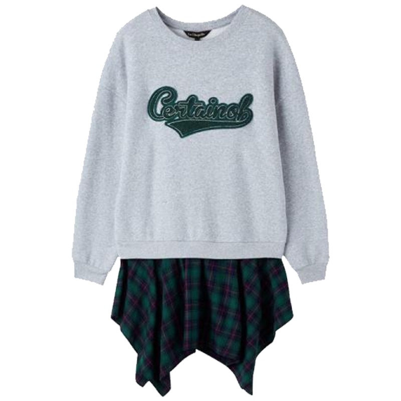 拉夏贝尔秋冬新款拼接假两件连衣裙秋装圆领长袖卫衣女款连衣裙女1T000915