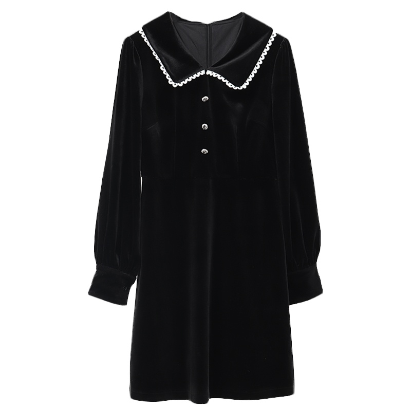 ENJOY'ME女装2019冬季新品甜美可爱耳仔边娃娃领收腰连衣裙小黑裙