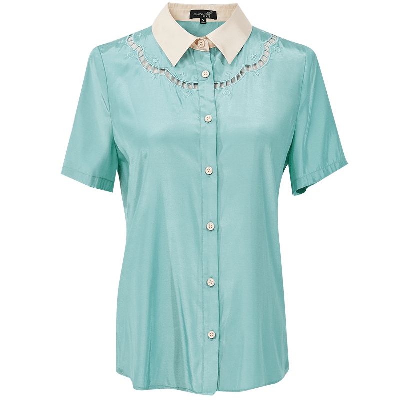 欧昵雪夏季镂空绣花撞色翻领衬衫女短袖韩版OL气质衬衣