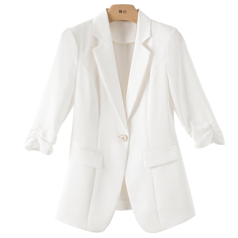 晚白2021春季新品时尚简约纯色修身显瘦一粒扣抽褶袖小西装外套女