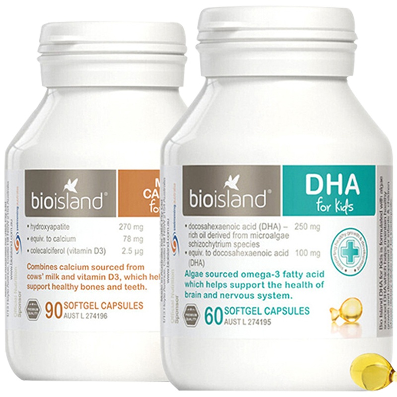 2件装｜Bio Island佰澳朗德婴幼儿液体乳钙90粒+婴幼儿海藻油DHA60粒组合瓶装营养素3岁及以上澳洲进口