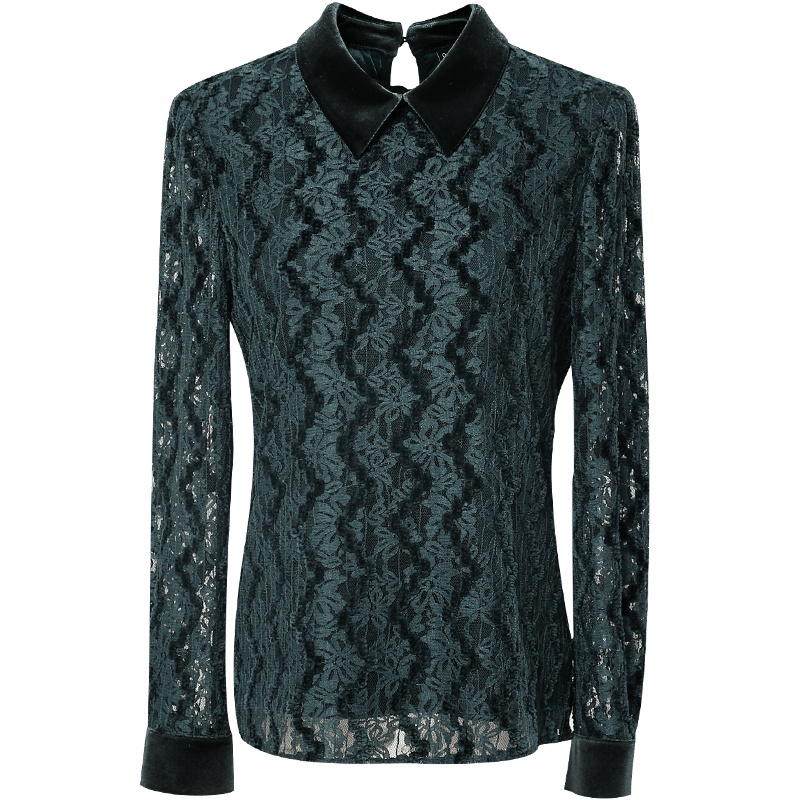 欧昵雪秋冬季时尚镂空蕾丝拼接长袖丝绒小衫修身显瘦休闲女士蕾丝衫