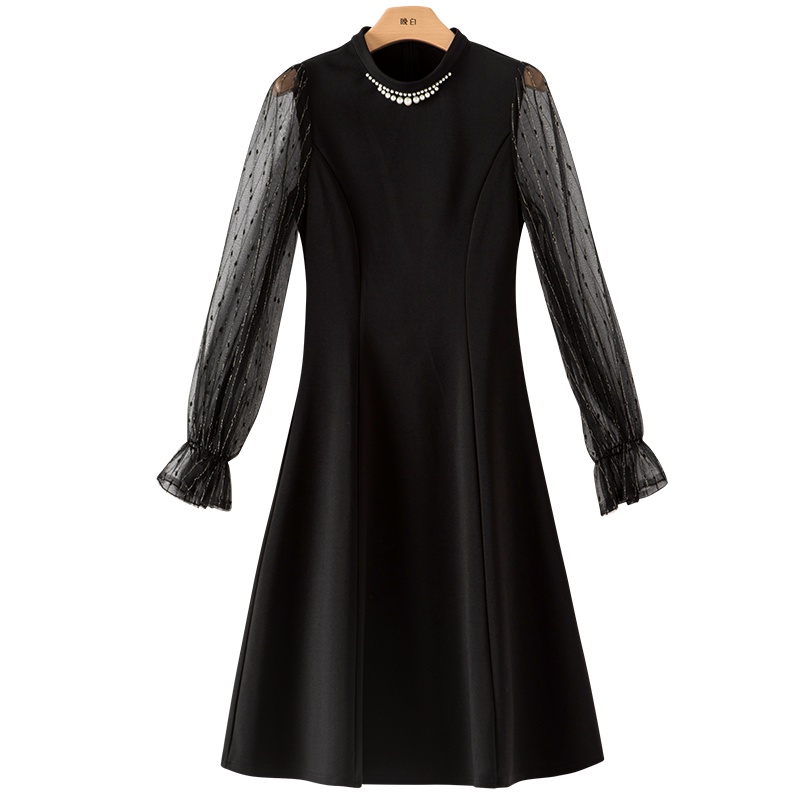 晚白2021春季新品名媛优雅纯色立领长袖修身高腰A字显瘦连衣裙女