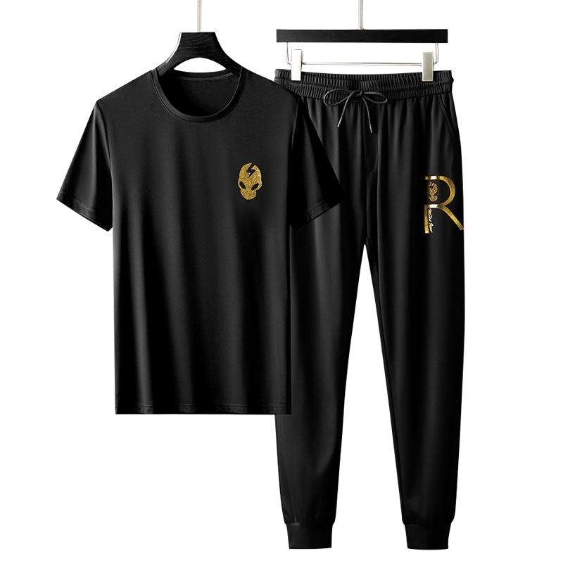 冰丝运动套装男夏新款潮牌烫钻骷髅头短袖T恤休闲透气长裤子2020