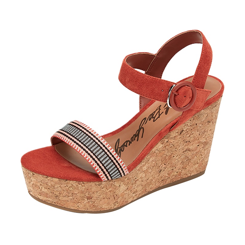 达芙妮夏新款防水台超坡跟木纹一字面女凉鞋