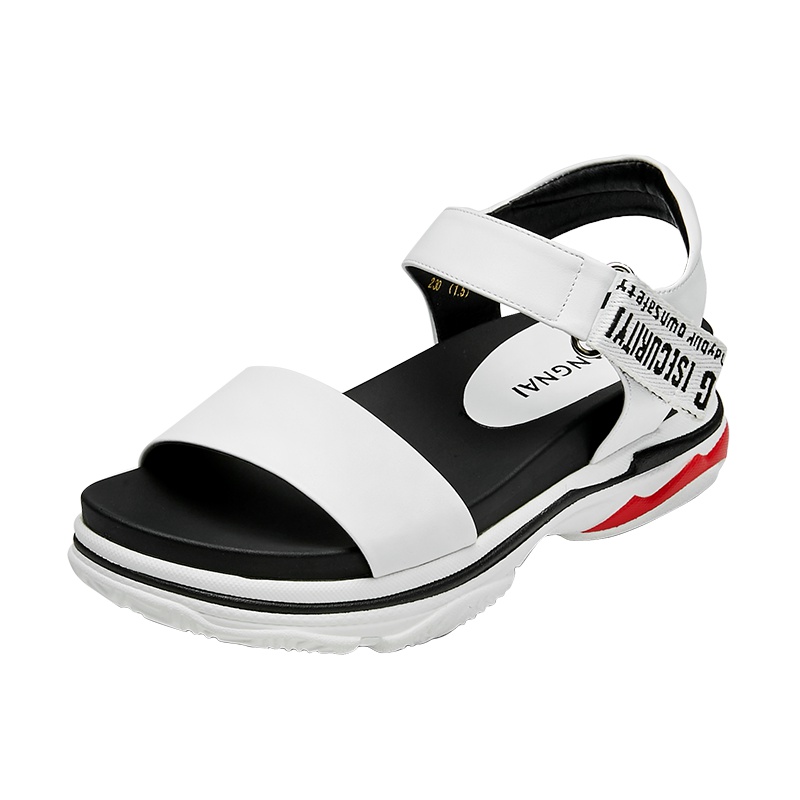 康奈女鞋 夏季露趾拼色魔术贴平跟罗马鞋潮流休闲百搭低跟凉鞋女鞋15284024