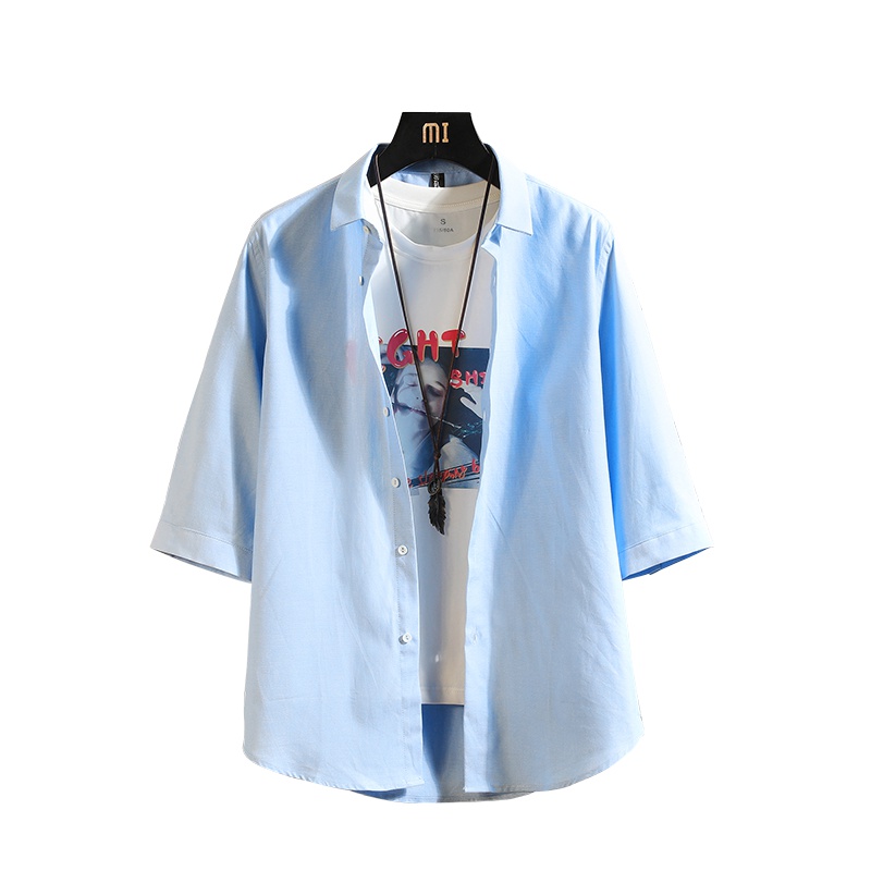 花花公子男士七分袖衬衫休闲潮流修身纯色衬衣