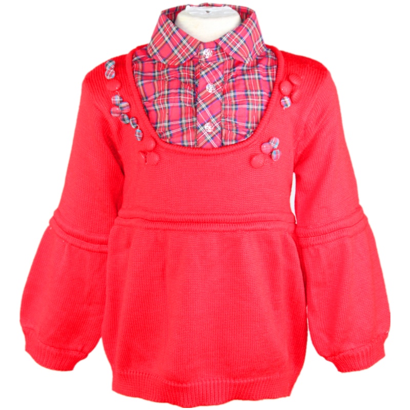 AITYAKU日本婴童服装梭织格子衬衫水晶纽扣线衣罗纹袖口毛衣10my女童针织羊毛衫中大童上衣裙