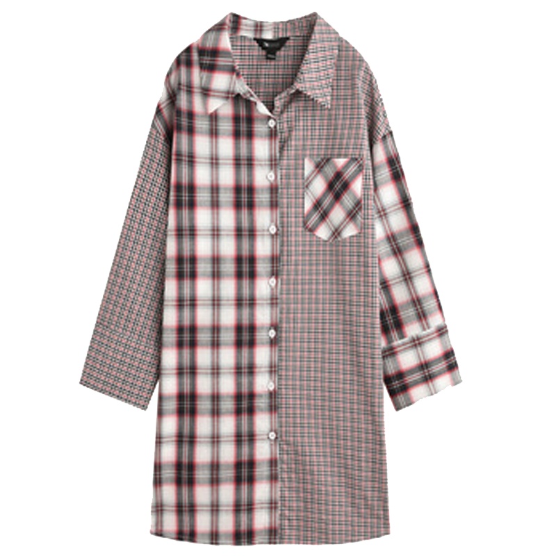 【专柜同款】7.Modifier格子休闲衬衫女装夏季新款韩版九分袖学生衬衣口袋拼接上衣女