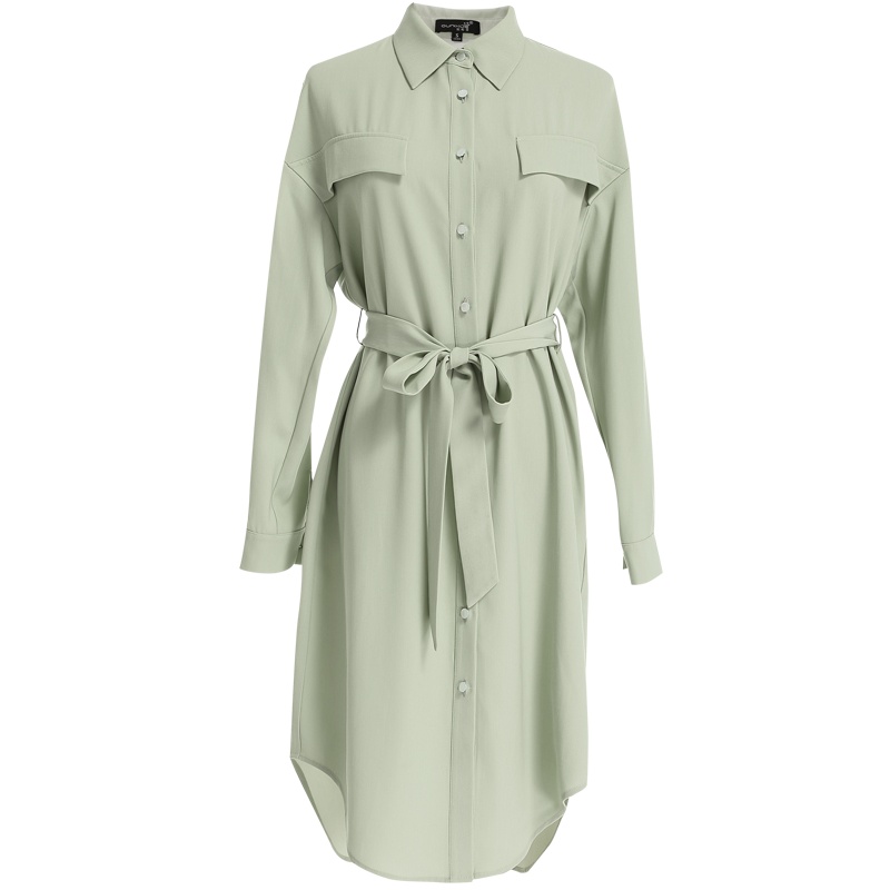 欧昵雪翻领长袖高腰衬衫裙女蝴蝶结收腰连衣裙