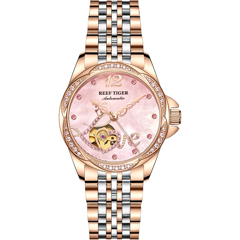 瑞夫泰格(reef tiger)品牌手表全自动机械表女表进口机芯镶钻镂空女士精钢带花瓣设计个性时尚防水潮流腕表1583
