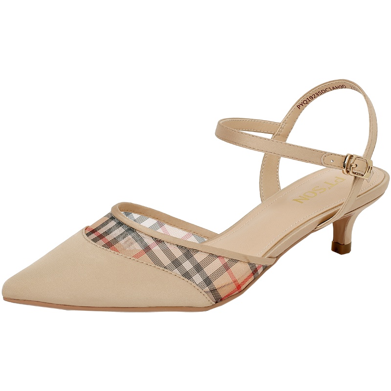 百田森新款尖头中空女鞋一字扣高跟鞋女细跟荷叶边包头凉鞋_1