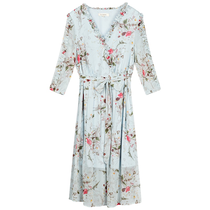 拉夏贝尔网红时尚连衣裙女春夏新款法式复古v领显瘦气质性感洋气裙子