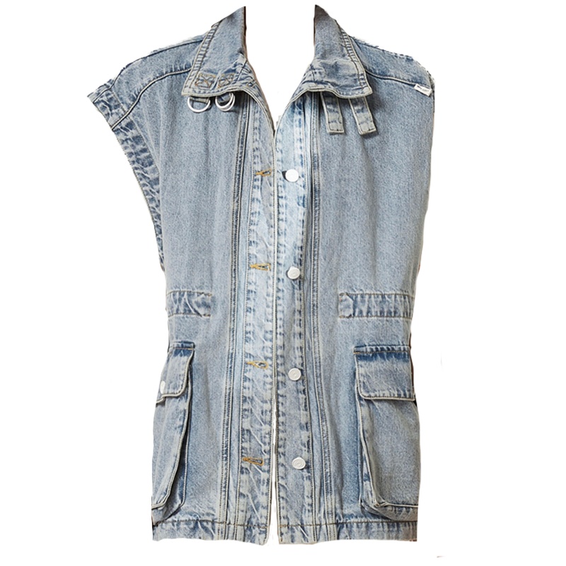 ENJOY'ME牛仔马甲20女装春季新品锁扣立领大口袋抽绳收腰