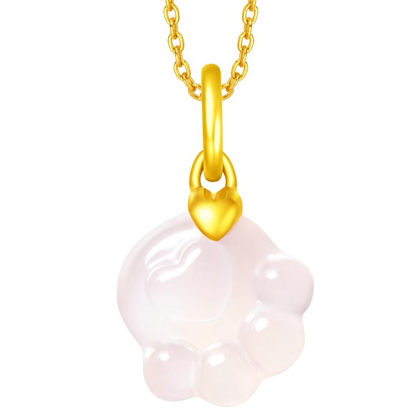 周大福金吊坠CoCo Cat系列粉玉髓猫爪足金金吊坠挂坠 R23823