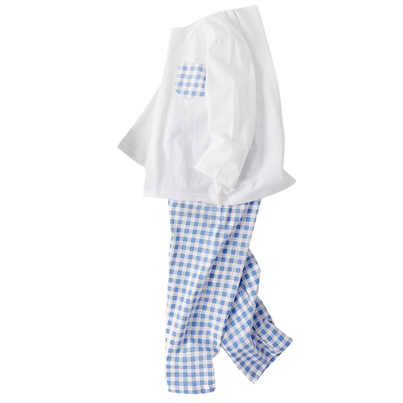 猫人儿童睡衣宝宝春秋季纯棉家居服套装男童女童格纹口袋空调服