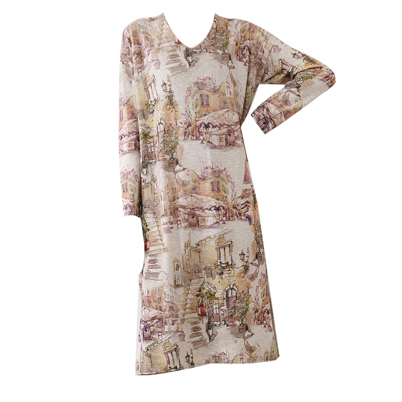 圣妮曼羊绒衫时尚印花加长V领长款套衫