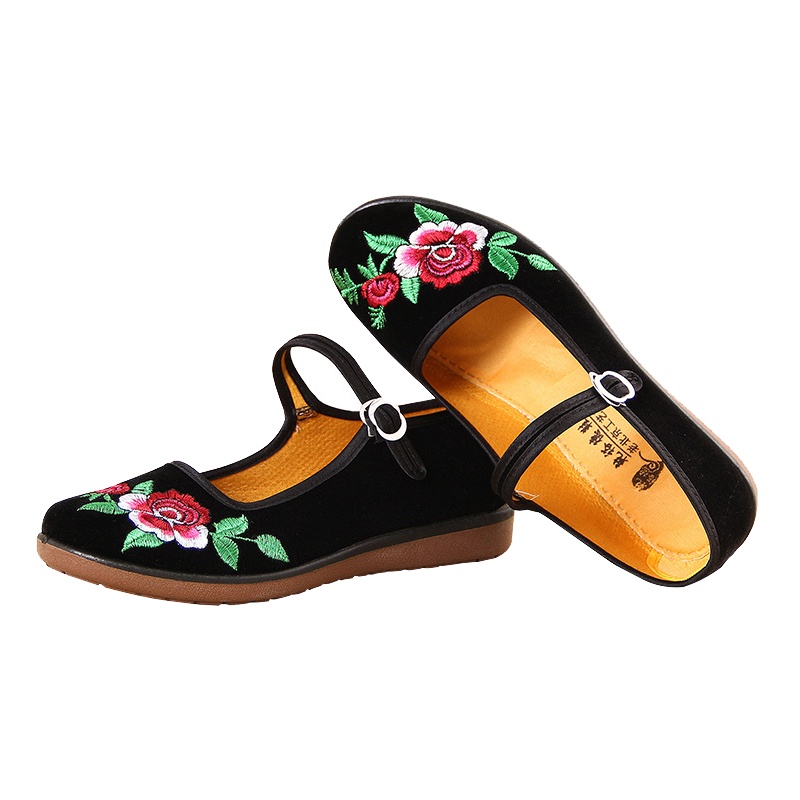 乾裕德绣花鞋35-40码厂家直销2019年新款女式单鞋中国传统民族风广场舞跳舞鞋老北京布鞋女双色底搭扣鞋平底柔软