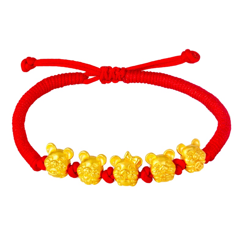 手拉手(Slaso) 生肖鼠黄金手链女士 足金999生肖鼠手串本命年 五福鼠3D硬金红绳手链 定价 送恋人