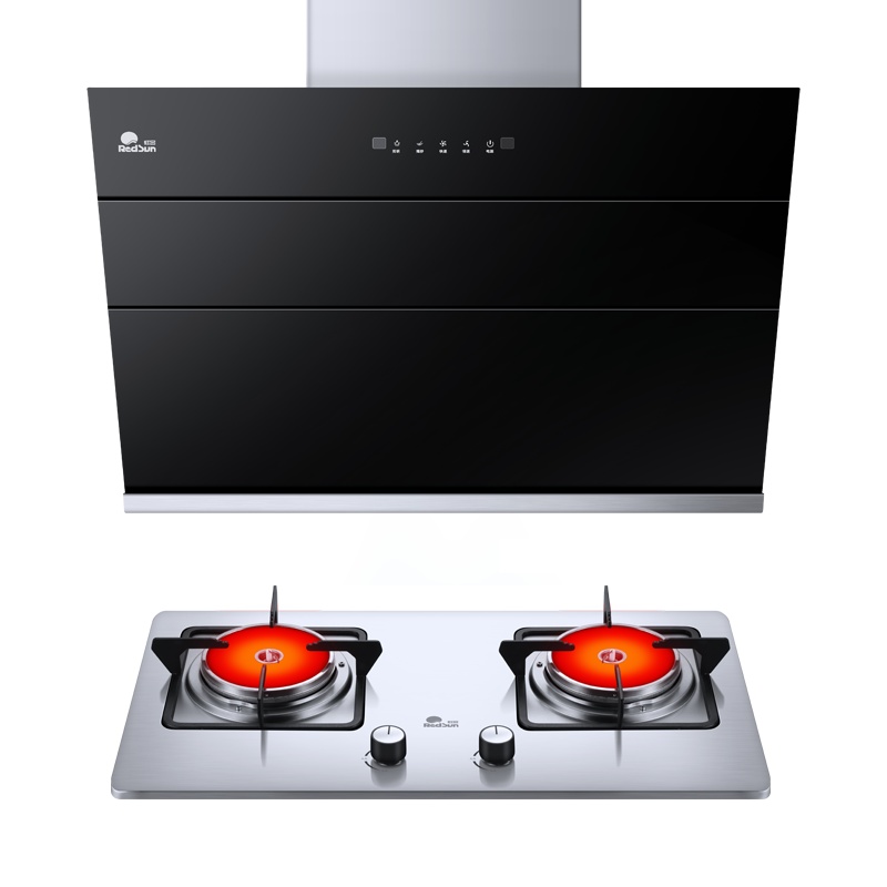 红日(RedSun)烟灶组合侧吸式不锈钢烟灶套装大吸力红外线双灶自动清洗节能大火力JED18H+EM208G 天然气