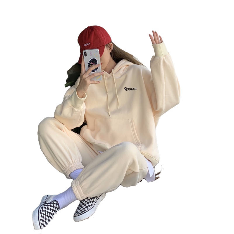 茜靓CHYLLIRN韩版卫衣女2020年新款运动服休闲刺绣加绒连帽衫两件套装