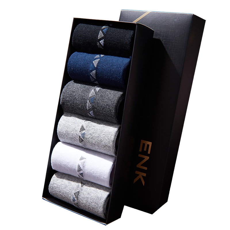 ENK男士袜子 纯色中筒纯棉吸汗运动透气长袜男全棉6双盒装